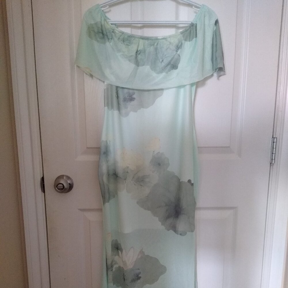 SHEIN NWOT Privé Off-Shoulder Mesh Bodycon Green Printed Floral Maxi Dress